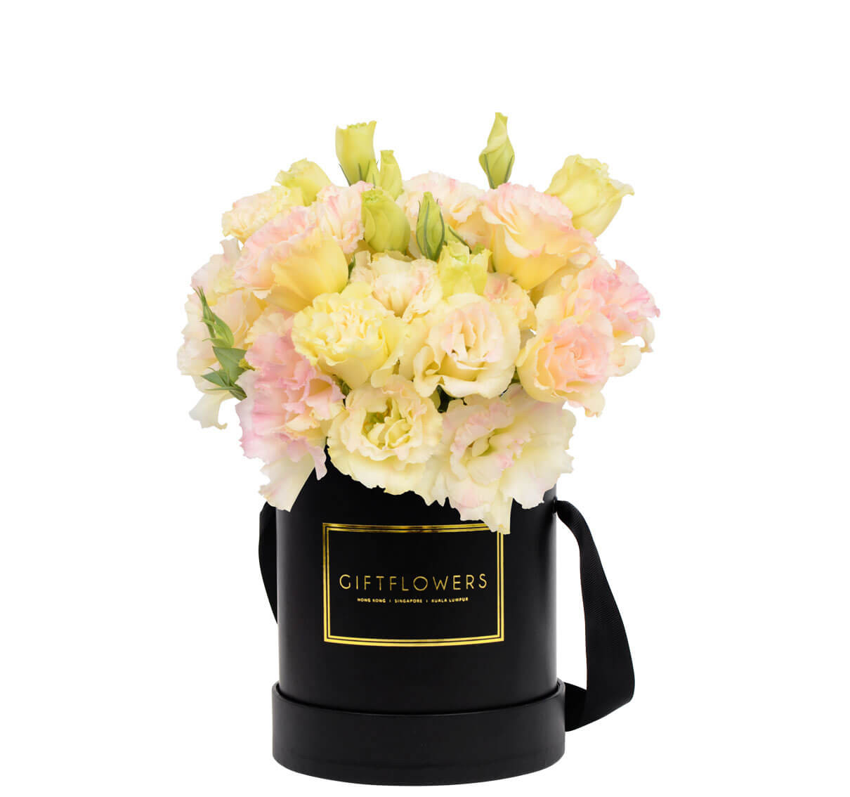 champagne_eustoma_black_round_flower_box